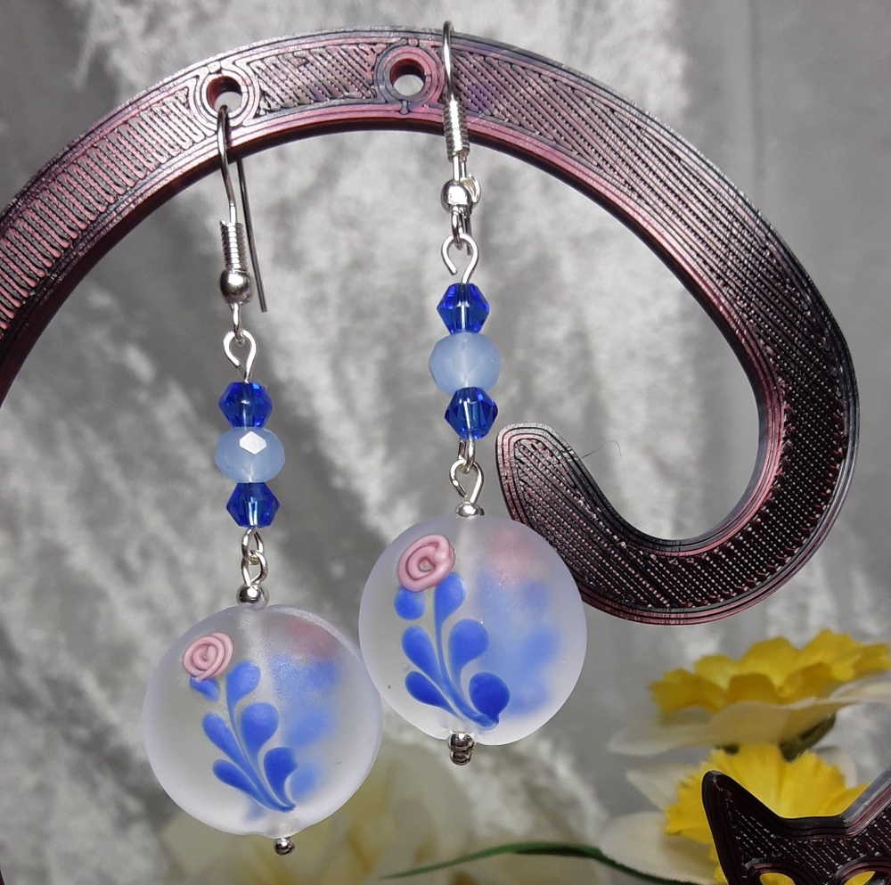 Handmade Artisan Frostd Glass Beads Blue White